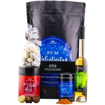 Zum Valentinstag blue XXL (großer Liebesgruß Haselnuss-Likör Nougat Pralinen Schokolade & Gewürz) - Feinkost-Set, XXL-Wundertüte Gourmet