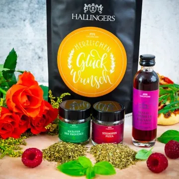 Herzlichen Glückwunsch (kleiner Glückwunsch Pizza Kräutergewürz & Himbeerbalsam) - Feinkost-Set, Gourmet-Auswahl Wundertüte