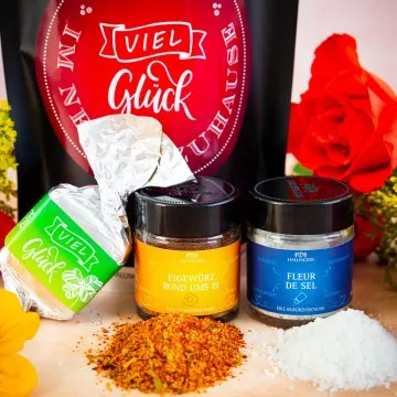 Viel Glück im neuen Zuhause (kleiner Einzugsgruß Nougat-Busserl, Salz & Ei-Gewürz) - Feinkost-Set, Gourmet-Auswahl Wundertüte