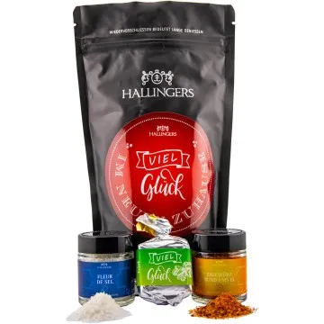 Viel Glück im neuen Zuhause (kleiner Einzugsgruß Nougat-Busserl, Salz & Ei-Gewürz) - Feinkost-Set, Gourmet-Auswahl Wundertüte