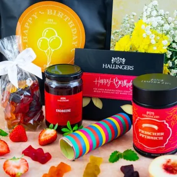 Happy Birthday yellow XXL (großer Geburtstagsgruß Konfitüre, Eistee, Schoki, Fruchtsaftbären & mehr) - Feinkost-Set, XXL-Wundertüte Gourmet