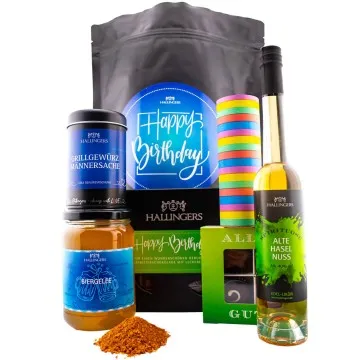 Happy Birthday blue XXL (großer Geburtstagsgruß Biergelée, Pralinen, Haselnusslikör, Schoki & mehr) - Feinkost-Set, XXL-Wundertüte Gourmet