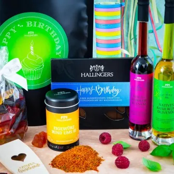 Happy Birthday green XXL (großer Geburtstagsgruß Olivenöl Essig Gewürz Schoki Bärchen & mehr) - Feinkost-Set, XXL-Wundertüte Gourmet