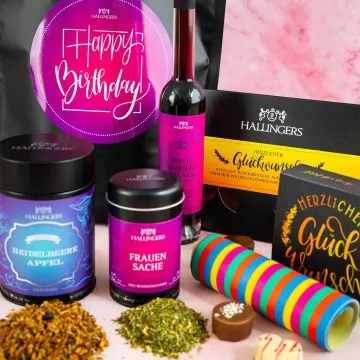 Happy Birthday pink XXL (großer Geburtstagsgruß Essig, Gewürz, Eistee, Pralinen, Schokolade & mehr) - Feinkost-Set, XXL-Wundertüte Gourmet