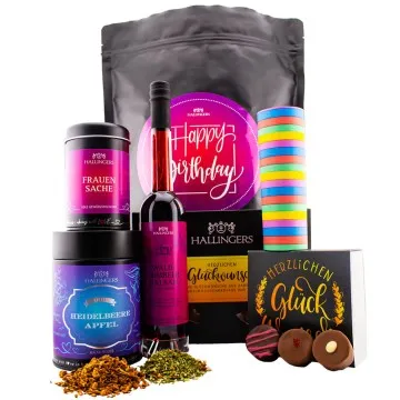 Happy Birthday pink XXL (großer Geburtstagsgruß Essig, Gewürz, Eistee, Pralinen, Schokolade & mehr) - Feinkost-Set, XXL-Wundertüte Gourmet