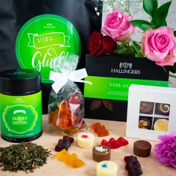 Viel Glück XXL (großer Glücksgruß Pralinen, Tee, Tafel Schokolade & Fruchtsaftbärchen) - Feinkost-Set, XXL-Wundertüte Gourmet