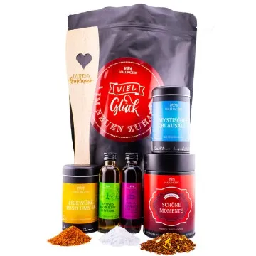 Viel Glück im neuen Zuhause XXL (großer Einzugsgruß Olivenöl, Essig, Gewürz, Salz, Tee & Pfannenwender) - Feinkost-Set, XXL-Wundertüte Gourmet