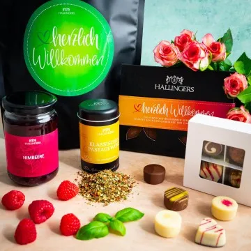 Herzlich willkommen XXL (großer Willkommensgruß Himbeer-Konfitüre, Gewürz, Pralinen & Schokolade) - Feinkost-Set, XXL-Wundertüte Gourmet