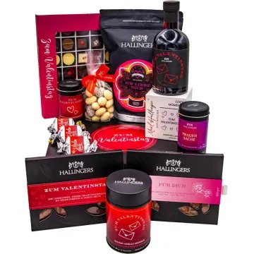 Zum Valentinstag pink (großer Liebesgruß Likör, Pralinen, Nougat, Schoki, Duftkerze & mehr) - Feinkost-Set, XXL-Geschenkkorb Gourmet