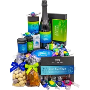 Gruß vom Osterhasen blue (großer Ostergruß Ostereier, Gewürz, Sekt, Schoki, Duftkerze & viel mehr) - Feinkost-Set, XXL-Geschenkkorb Gourmet