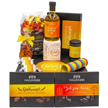 Herzlichen Glückwunsch (großer Glückwunsch Bunte Nudeln, Öl, Gewürz, Pralinen, Nougat & mehr) - Feinkost-Set, XXL-Geschenkkorb Gourmet