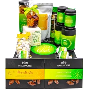 Viel Glück (großer Glücksgruß Pralinen, Tee, Nougat, Schoki, Duftkerze Müsli & mehr) - Feinkost-Set, XXL-Geschenkkorb Gourmet