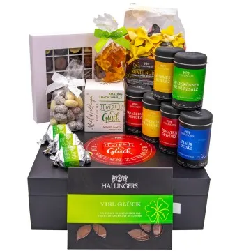 Viel Glück im neuen Zuhause (großer Glücksgruß Gewürz, Nougat, Busserl Pralinen Duftkerze & mehr) - Feinkost-Set, XXL-Geschenkkorb Gourmet