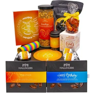 Happy birthday yellow (großer Geburtstagsgruß Schoki, Pralinen, Duftkerze, Müsli, Kaffee & mehr) - Feinkost-Set, XXL-Geschenkkorb Gourmet