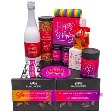 Happy birthday pink (großer Geburtstagsgruß Sekt, Pralinen, Nougat, Müsli Duftkerze & viel mehr) - Feinkost-Set, XXL-Geschenkkorb Gourmet
