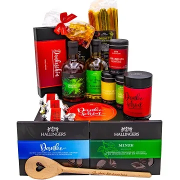 Dankeschön (großes Dankeschön Likör, Nougat, Öl, Tee, Pasta, Gewürz, Pralinen & mehr) - Feinkost-Set, XXL-Geschenkkorb Gourmet