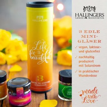 Life is beautiful (veganes Mitbringsel Tee, Konfitüre & Gewürz) - Feinkost-Set, 3x Miniglas Geschenkdose