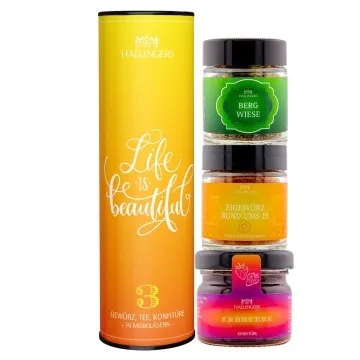Life is beautiful (veganes Mitbringsel Tee, Konfitüre & Gewürz) - Feinkost-Set, 3x Miniglas Geschenkdose
