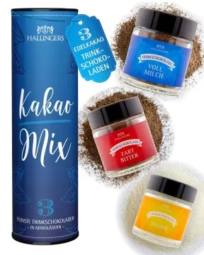 Kakao-Mix (Mitbringsel Trinkschoki drei Edelkakaos) - Feinkost-Set, 3x Miniglas Geschenkdose
