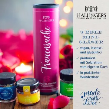 Frauensache (veganes Mitbringsel Tee, Konfitüre & Gewürz) - Feinkost-Set, 3x Miniglas Geschenkdose