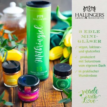 Mitbringsel (veganes Mitbringsel Tee, Konfitüre & Gewürz) - Feinkost-Set, 3x Miniglas Geschenkdose