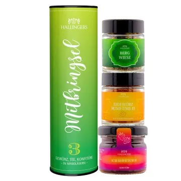 Mitbringsel (veganes Mitbringsel Tee, Konfitüre & Gewürz) - Feinkost-Set, 3x Miniglas Geschenkdose
