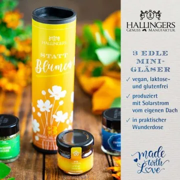 Statt Blumen (veganes Mitbringsel Tee, Konfitüre & Gewürz) - Feinkost-Set, 3x Miniglas Geschenkdose