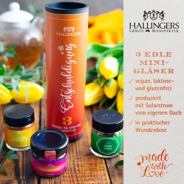 Entschuldigung (veganes Mitbringsel Tee, Konfitüre & Gewürz) - Feinkost-Set, 3x Miniglas Geschenkdose