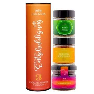 Entschuldigung (veganes Mitbringsel Tee, Konfitüre & Gewürz) - Feinkost-Set, 3x Miniglas Geschenkdose