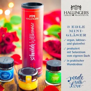 Herzlich willkommen (veganes Mitbringsel Tee, Konfitüre & Gewürz) - Feinkost-Set, 3x Miniglas Geschenkdose