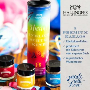 Hurra! Endlich Schulkind (Mitbringsel Trinkschoki drei Edelkakaos) - Feinkost-Set, 3x Miniglas Geschenkdose