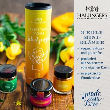 Gruß vom Schutzengel (veganes Mitbringsel Tee, Konfitüre & Gewürz) - Feinkost-Set, 3x Miniglas Geschenkdose