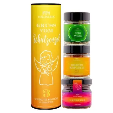 Gruß vom Schutzengel (veganes Mitbringsel Tee, Konfitüre & Gewürz) - Feinkost-Set, 3x Miniglas Geschenkdose