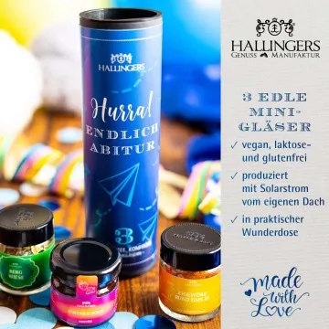 Hurra! Endlich Abitur (veganes Mitbringsel Tee, Konfitüre & Gewürz) - Feinkost-Set, 3x Miniglas Geschenkdose