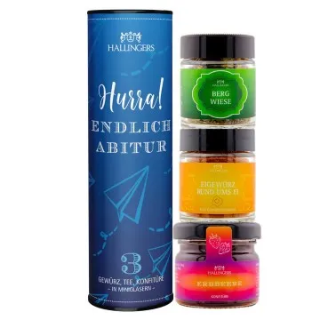 Hurra! Endlich Abitur (veganes Mitbringsel Tee, Konfitüre & Gewürz) - Feinkost-Set, 3x Miniglas Geschenkdose