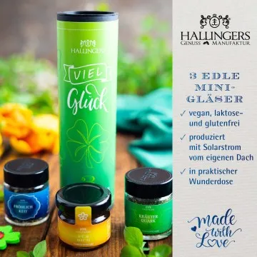 Viel Glück (veganes Mitbringsel Tee, Konfitüre & Gewürz) - Feinkost-Set, 3x Miniglas Geschenkdose