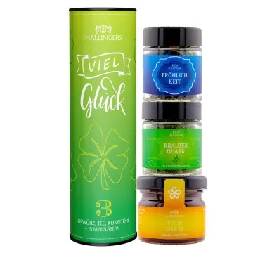 Viel Glück (veganes Mitbringsel Tee, Konfitüre & Gewürz) - Feinkost-Set, 3x Miniglas Geschenkdose