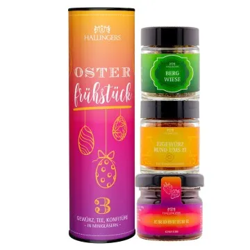 Oster Frühstück (veganes Mitbringsel Tee, Konfitüre & Gewürz) - Feinkost-Set, 3x Miniglas Geschenkdose