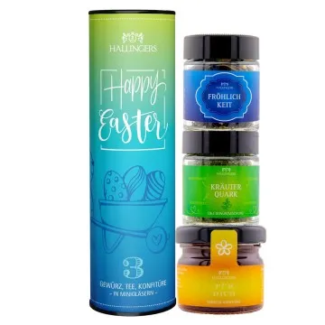 Happy Eeaster (veganes Mitbringsel Tee, Konfitüre & Gewürz) - Feinkost-Set, 3x Miniglas Geschenkdose