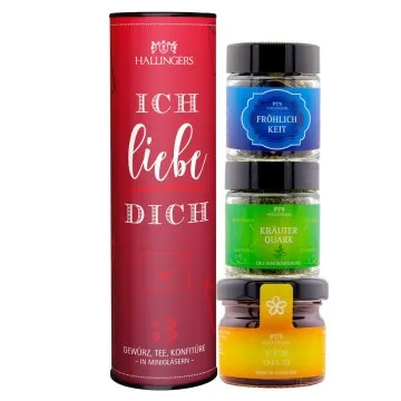 Ich liebe Dich (veganes Mitbringsel Tee, Konfitüre & Gewürz) - Feinkost-Set, 3x Miniglas Geschenkdose