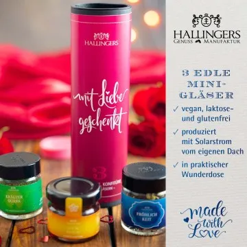 Mit Liebe geschenkt (veganes Mitbringsel Tee, Konfitüre & Gewürz) - Feinkost-Set, 3x Miniglas Geschenkdose