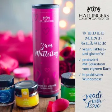 Zum Muttertag (veganes Mitbringsel Tee, Konfitüre & Gewürz) - Feinkost-Set, 3x Miniglas Geschenkdose