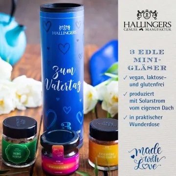 Zum Vatertag (veganes Mitbringsel Tee, Konfitüre & Gewürz) - Feinkost-Set, 3x Miniglas Geschenkdose