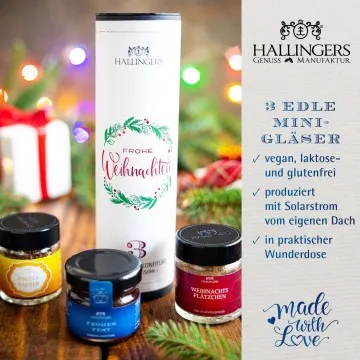 Frohe Weihnachten (veganes Mitbringsel Tee, Konfitüre & Gewürz) - Feinkost-Set, 3x Miniglas Geschenkdose