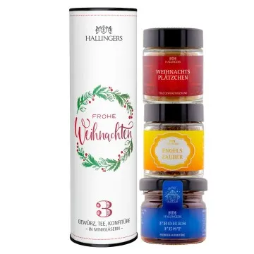 Frohe Weihnachten (veganes Mitbringsel Tee, Konfitüre & Gewürz) - Feinkost-Set, 3x Miniglas Geschenkdose