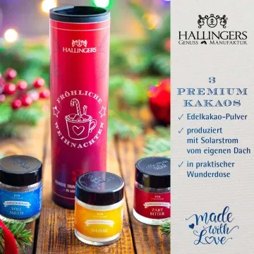Fröhliche Weihnachten (Mitbringsel Trinkschoki drei Edelkakaos) - Feinkost-Set, 3x Miniglas Geschenkdose