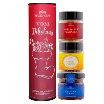 Vom Nikolaus (veganes Mitbringsel Tee, Konfitüre & Gewürz) - Feinkost-Set, 3x Miniglas Geschenkdose
